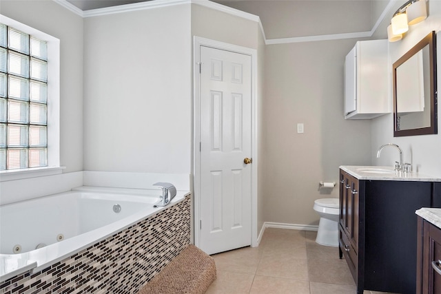 bathroom featuring crown molding, tile patterned floors, vanity, and tiled tub