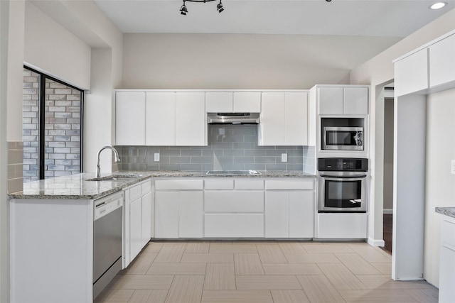 kitchen with a sink, stainless steel appliances, white cabinetry, under cabinet range hood, and tasteful backsplash