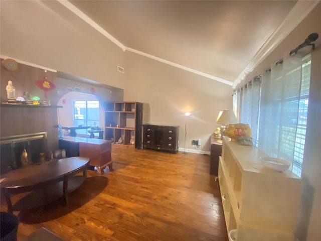 interior space featuring ornamental molding, lofted ceiling, and wood-type flooring