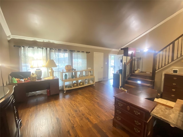 living room with ornamental molding, vaulted ceiling, and dark hardwood / wood-style flooring