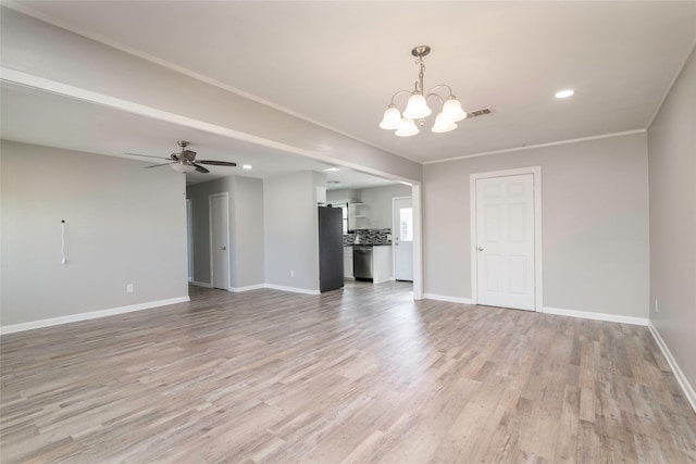 unfurnished living room with ornamental molding, ceiling fan with notable chandelier, and light hardwood / wood-style floors