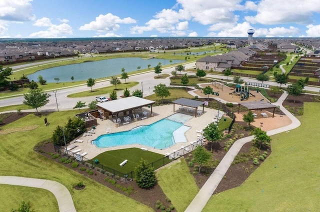 birds eye view of property featuring a water view