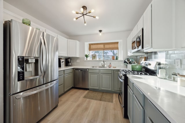 kitchen featuring gray cabinets, appliances with stainless steel finishes, sink, and decorative backsplash