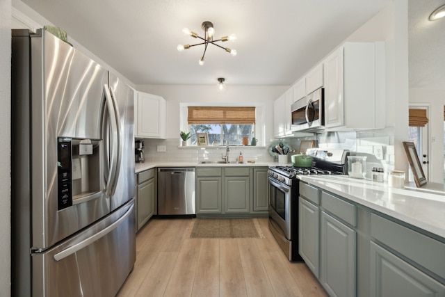 kitchen featuring stainless steel appliances, gray cabinets, sink, and white cabinets