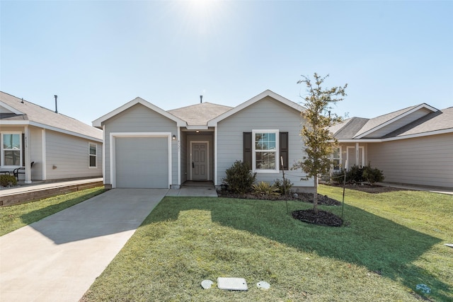 single story home featuring a garage and a front yard