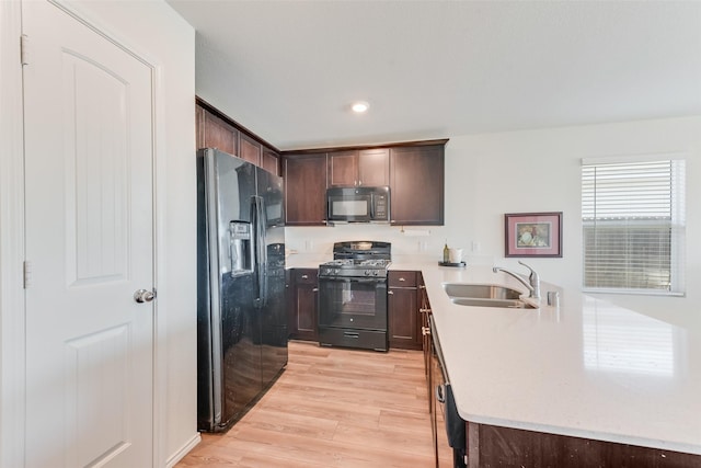 kitchen featuring light hardwood / wood-style floors, sink, dark brown cabinetry, and black appliances