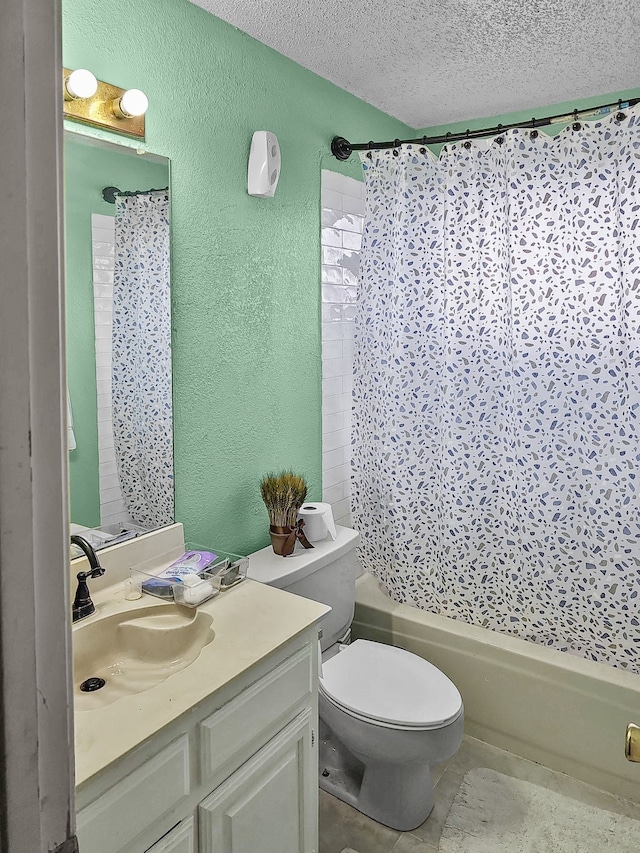 full bathroom with shower / tub combo with curtain, tile patterned floors, toilet, a textured ceiling, and vanity