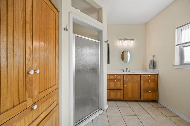 bathroom featuring an enclosed shower, vanity, and tile patterned flooring