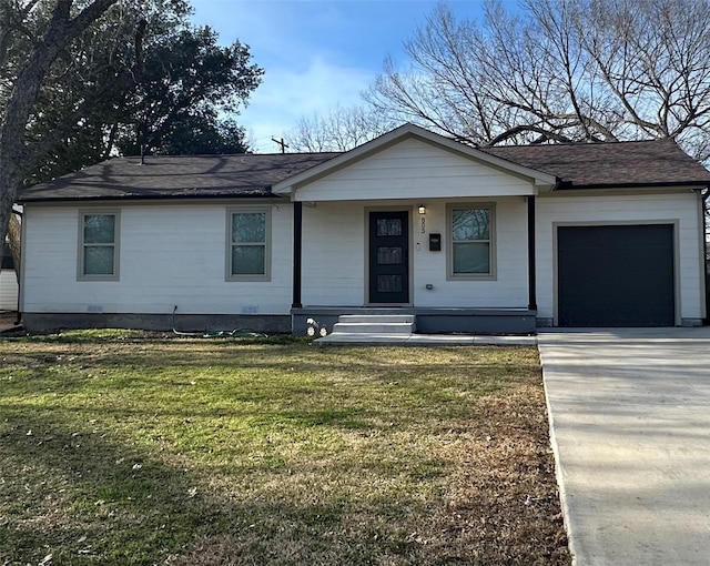 ranch-style home with a porch, a garage, and a front lawn