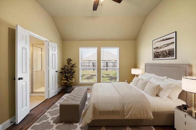 bedroom featuring lofted ceiling, dark hardwood / wood-style floors, and ceiling fan