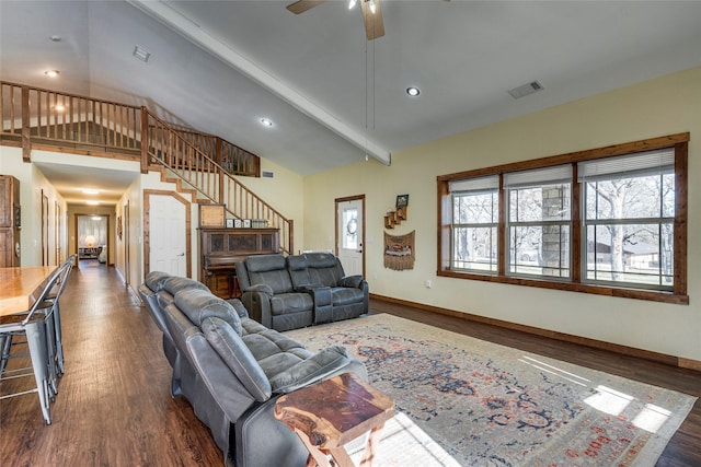 living room with beamed ceiling, high vaulted ceiling, dark wood-type flooring, and ceiling fan