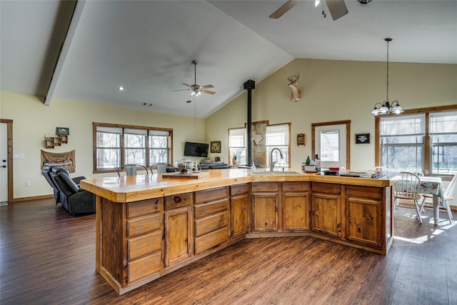 kitchen featuring dark hardwood / wood-style flooring, sink, vaulted ceiling, and an island with sink