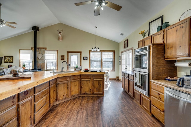 kitchen featuring pendant lighting, stainless steel appliances, sink, and a wealth of natural light