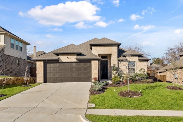 prairie-style home with a garage and a front lawn