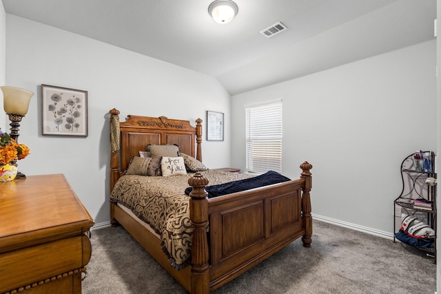 carpeted bedroom featuring vaulted ceiling