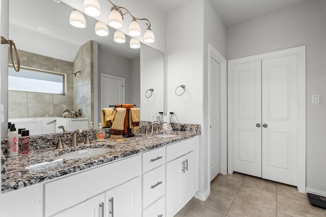 bathroom featuring vanity, separate shower and tub, and tile patterned flooring