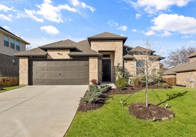 prairie-style house with a garage and a front lawn