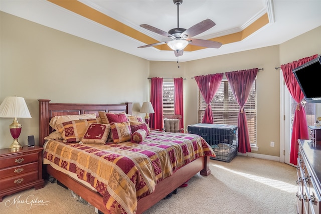 carpeted bedroom featuring crown molding, a raised ceiling, and ceiling fan