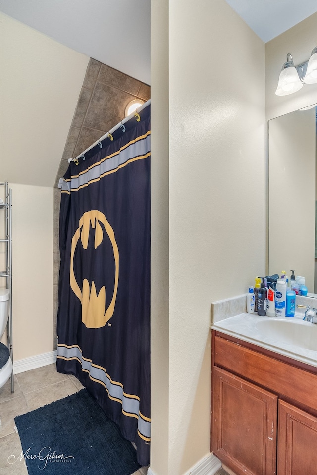 bathroom with vanity, tile patterned floors, and a shower with shower curtain