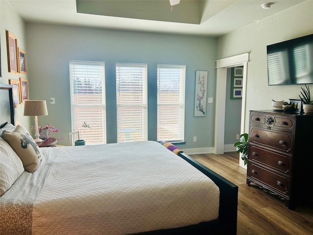 bedroom with a raised ceiling, baseboards, and wood finished floors