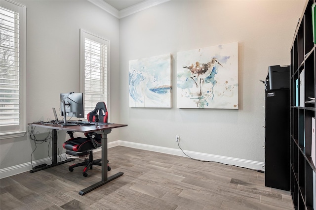 office with wood-type flooring and ornamental molding