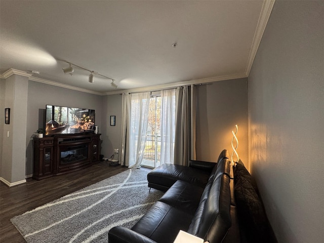 living room with dark wood-type flooring, track lighting, and ornamental molding