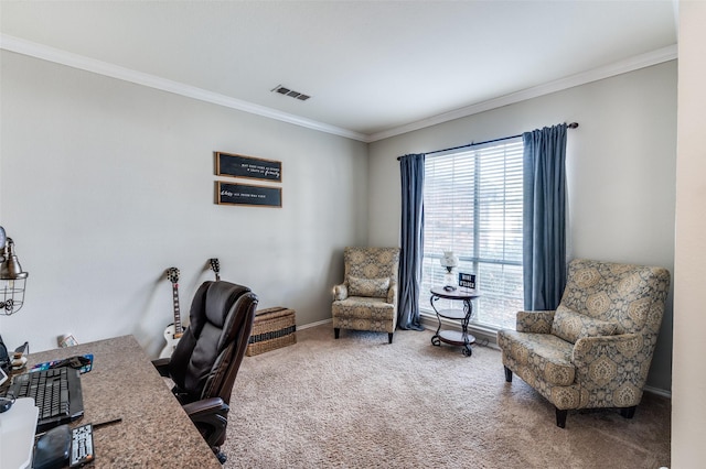 home office with carpet flooring, visible vents, and crown molding