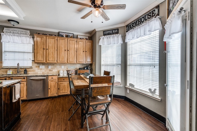 kitchen featuring tasteful backsplash, light stone counters, ornamental molding, dark wood-type flooring, and stainless steel dishwasher