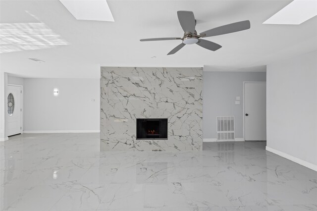 interior space featuring ceiling fan and a skylight