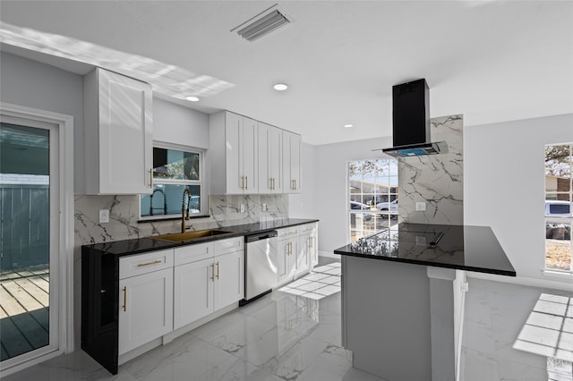 3521 Post Oak Rd, Garland, TX 75044 - kitchen with dishwasher, a sink, dark countertops, island exhaust hood, and decorative backsplash