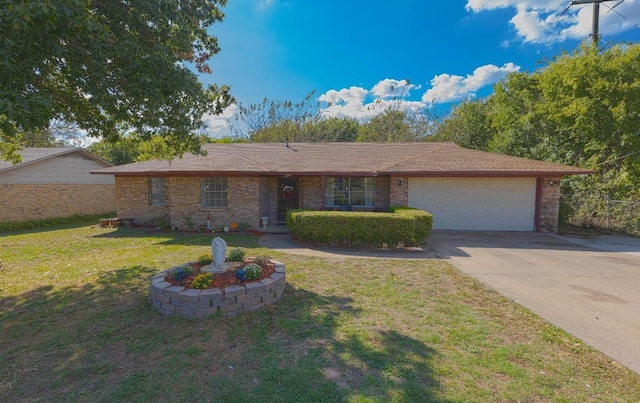 ranch-style house with a garage and a front lawn