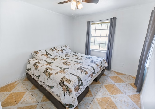 tiled bedroom with crown molding and ceiling fan