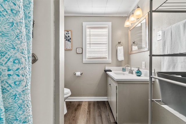 bathroom featuring wood-type flooring, toilet, and vanity