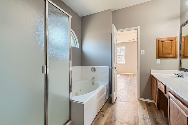 bathroom with vanity, hardwood / wood-style floors, and independent shower and bath