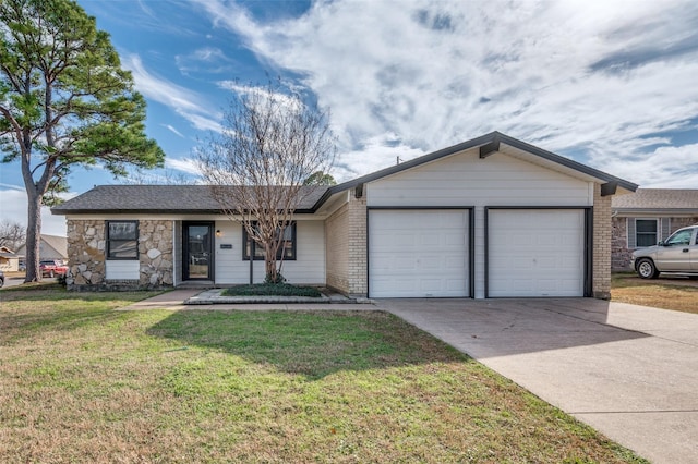 ranch-style house with a garage and a front yard