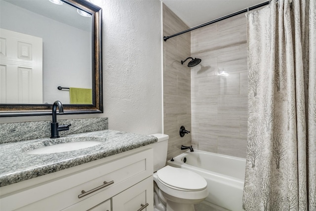 full bathroom with toilet, vanity, and shower / bathtub combination with curtain