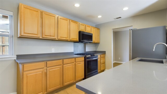 kitchen featuring lofted ceiling with skylight, plenty of natural light, ceiling fan, and light hardwood / wood-style flooring