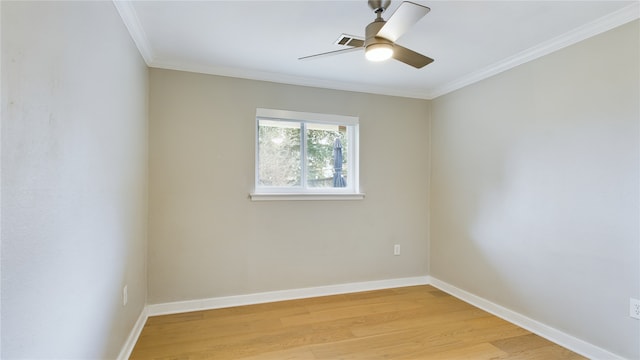 unfurnished room with ornamental molding, ceiling fan, and light hardwood / wood-style flooring