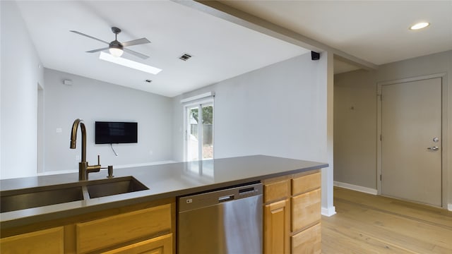 kitchen with vaulted ceiling, sink, stainless steel dishwasher, ceiling fan, and light wood-type flooring