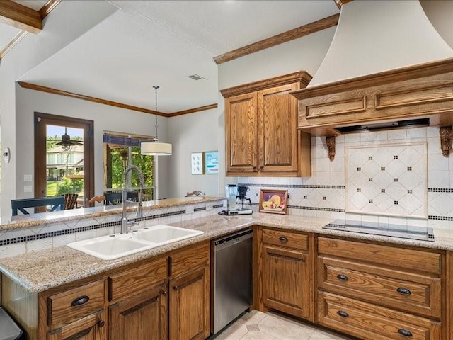 kitchen with dishwasher, custom range hood, brown cabinets, black electric stovetop, and a sink