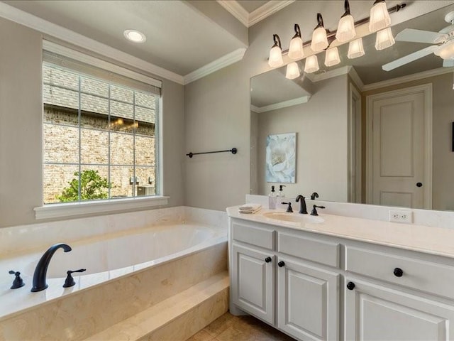 bathroom featuring tile patterned flooring, ornamental molding, vanity, ceiling fan, and tiled tub