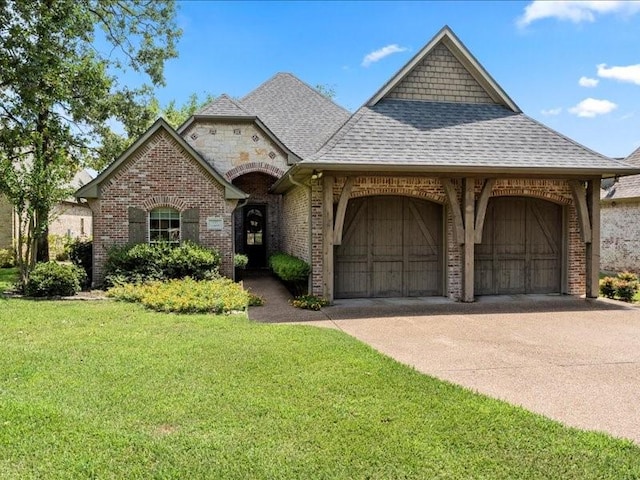 french country inspired facade with driveway, a garage, a shingled roof, a front lawn, and brick siding