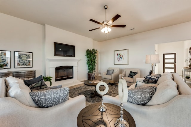 living room featuring ceiling fan