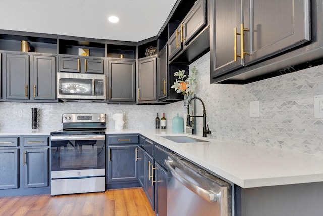 kitchen with sink, backsplash, light hardwood / wood-style flooring, and appliances with stainless steel finishes