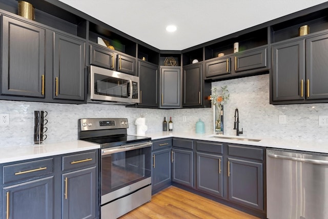 kitchen with appliances with stainless steel finishes, light hardwood / wood-style floors, sink, and decorative backsplash