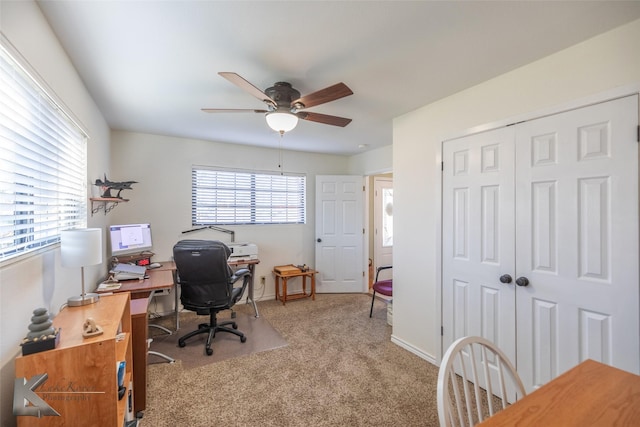 carpeted home office with ceiling fan