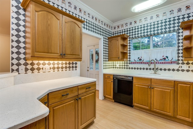 kitchen featuring sink, crown molding, dishwasher, tasteful backsplash, and light hardwood / wood-style floors