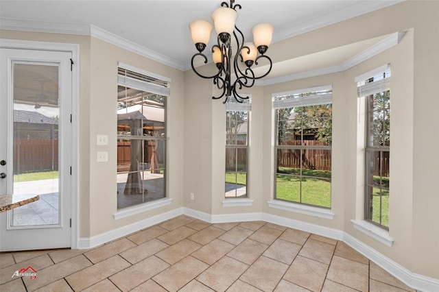 unfurnished dining area with light tile patterned floors, a chandelier, crown molding, and a wealth of natural light