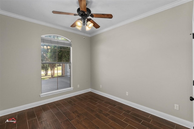 empty room with dark wood-type flooring, ornamental molding, and ceiling fan