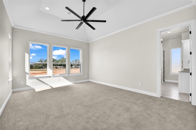 unfurnished living room featuring ornamental molding, light colored carpet, and ceiling fan